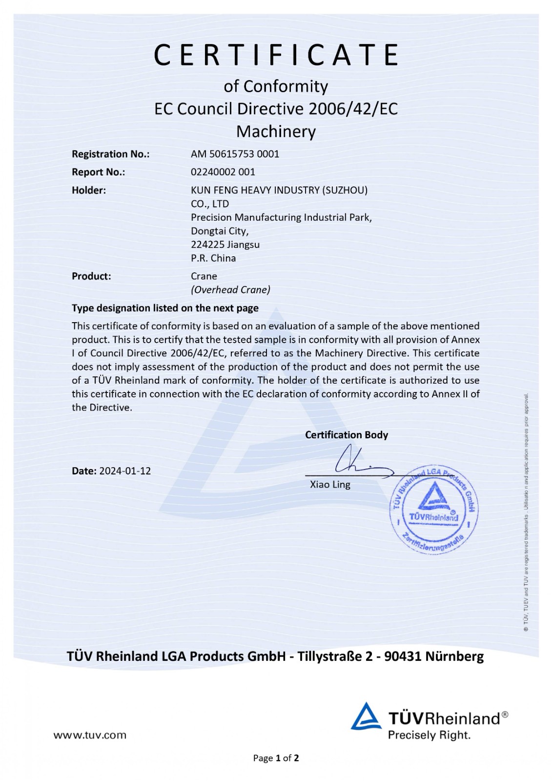 OVERHEAD CRANE CE CERTIFICATE