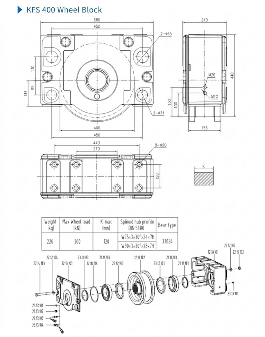 Design drawing of DRS 400 travel wheel block